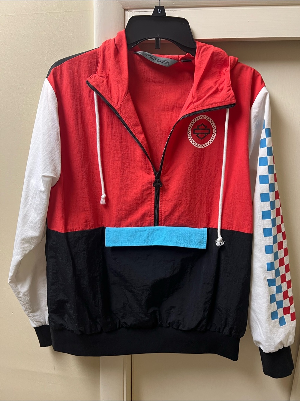 Womens Colorblock Windbreaker Jacket - Red/Black with Blue Accent